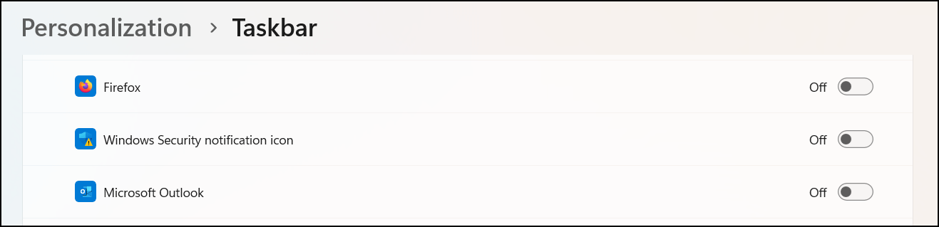Taskbar personalization settings