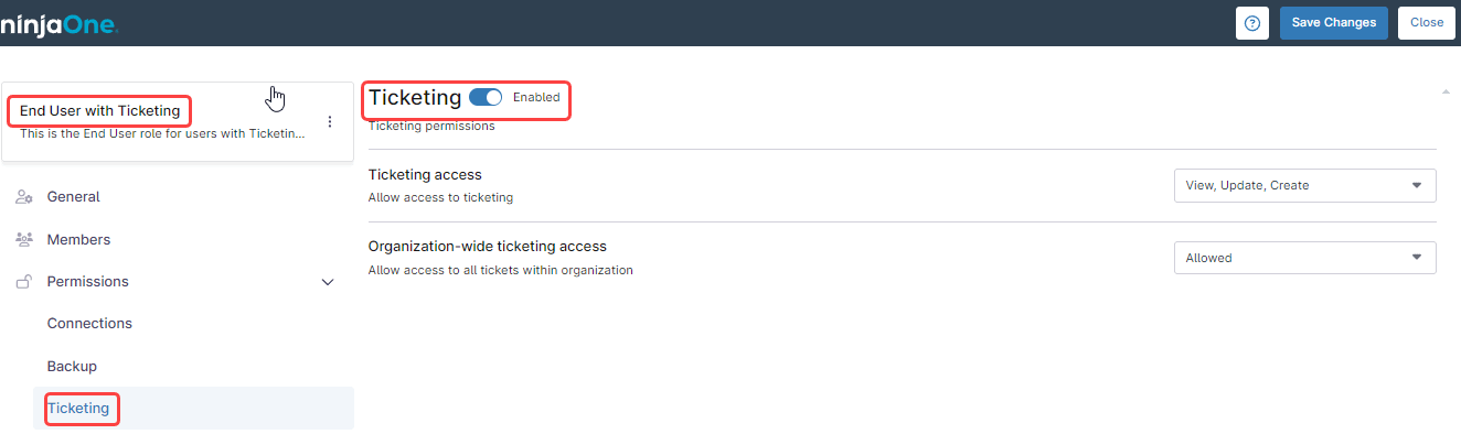 For each Ticketing permission category, select the access type you want to grant the End User. 