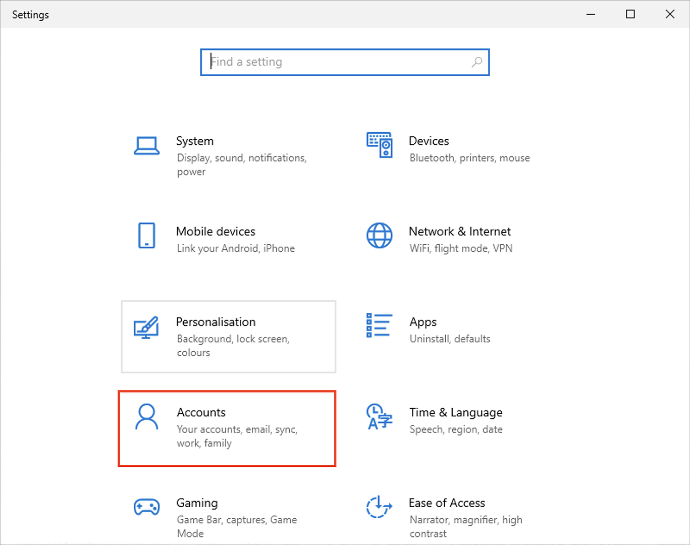 Click Accounts in the Settings dialog box