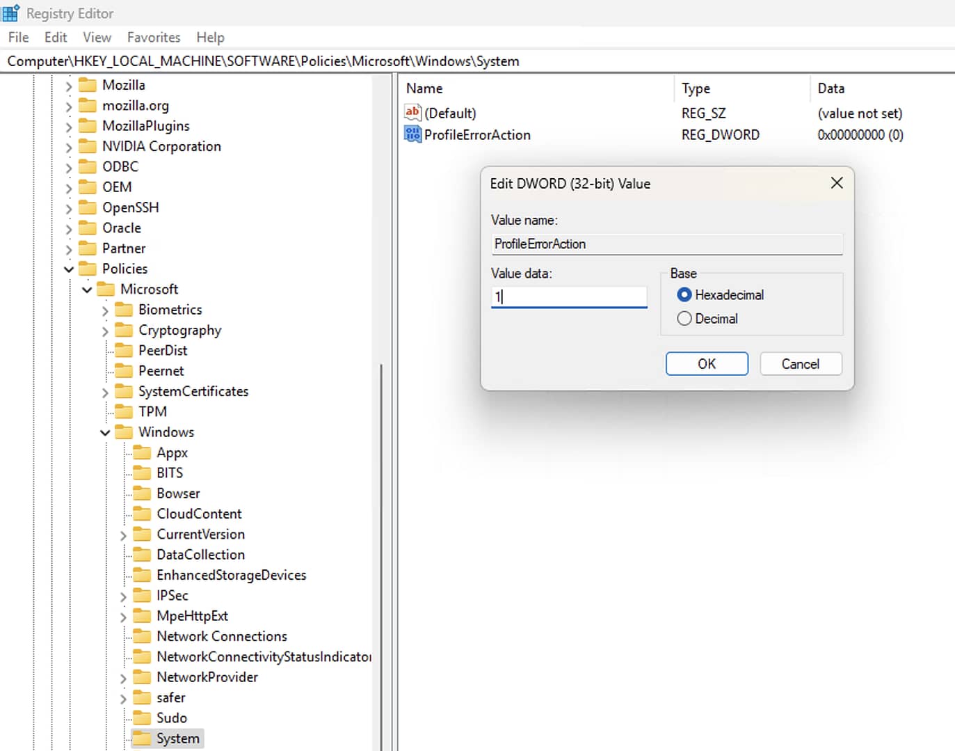 Registry Editor dialog box