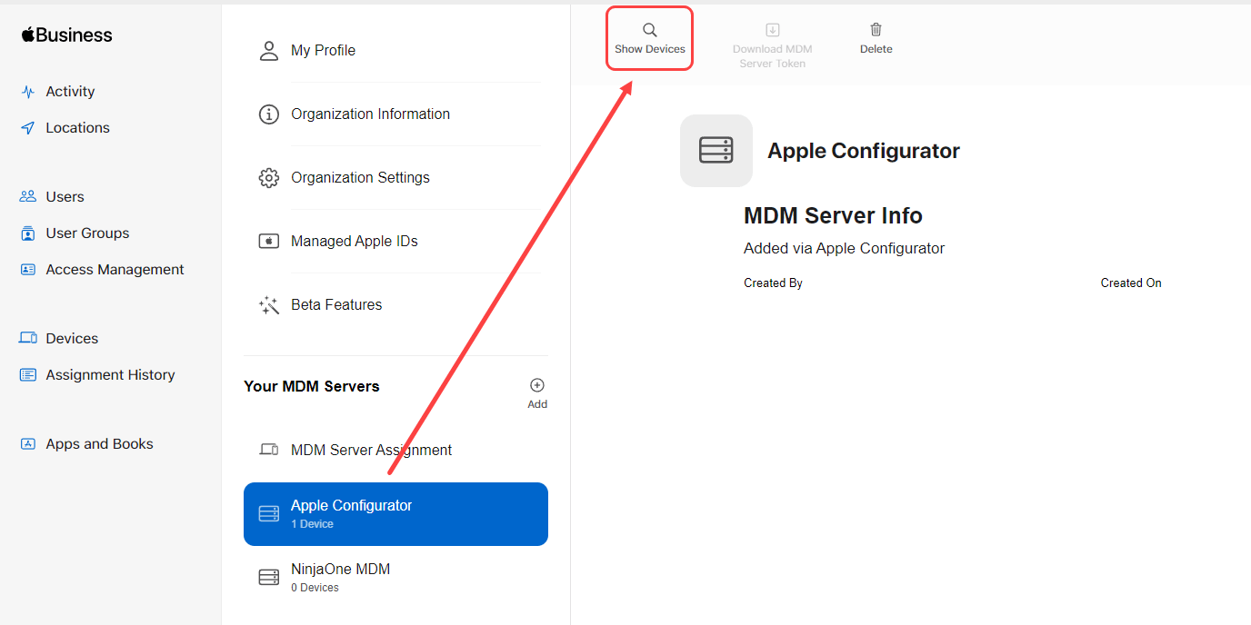 Click Apple Configurator and then Show Devices. 