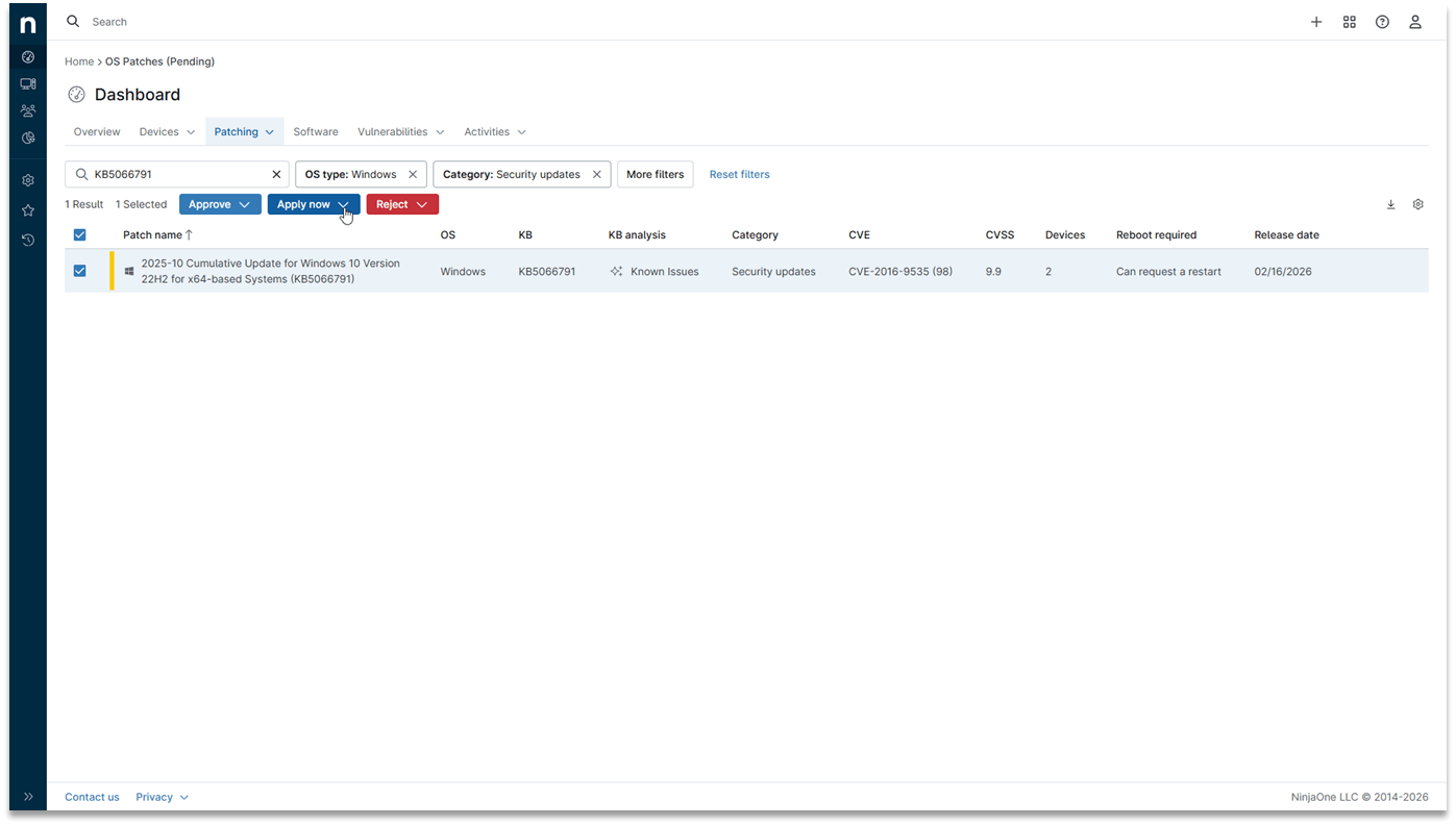 NinjaOne dashboard showing patch management view with vulnerability context, where teams can apply patches immediately or approve them for scheduled deployment, with AI-driven insights guiding safe and stable remediation decisions.