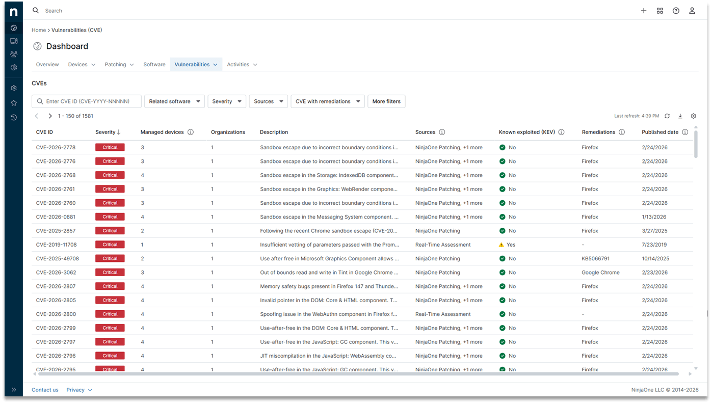 Ranked cross-client action queue showing severity, KEV status, affected organizations, and available remediations in one continuously updated view across all clients.
