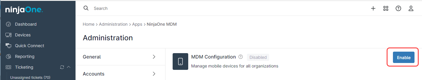 L'écran de configuration du MDM s'affiche pour la page Android Enterprise