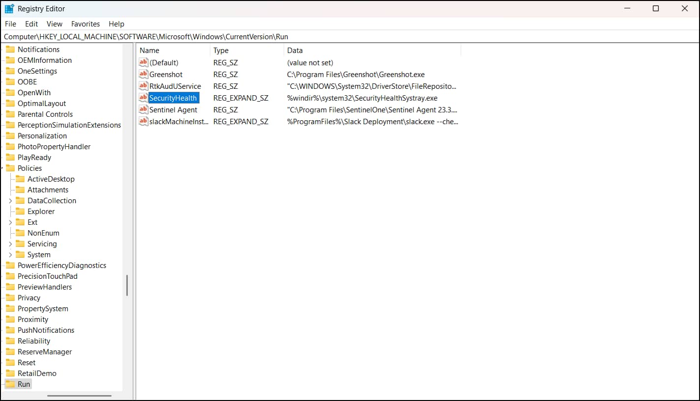 Registry Editor window