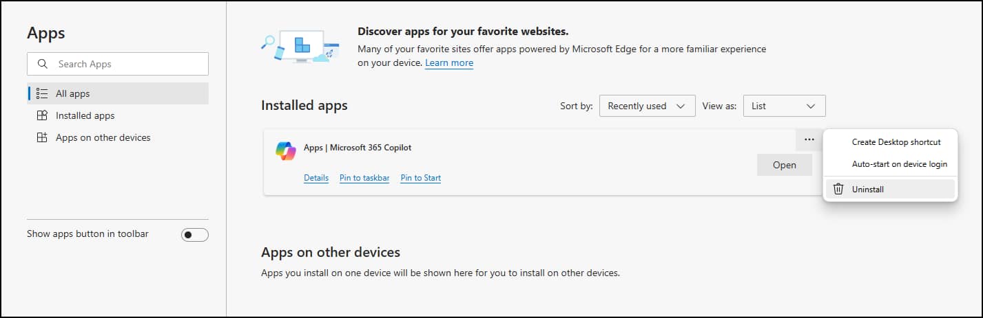 All Installed Apps showing Copilot