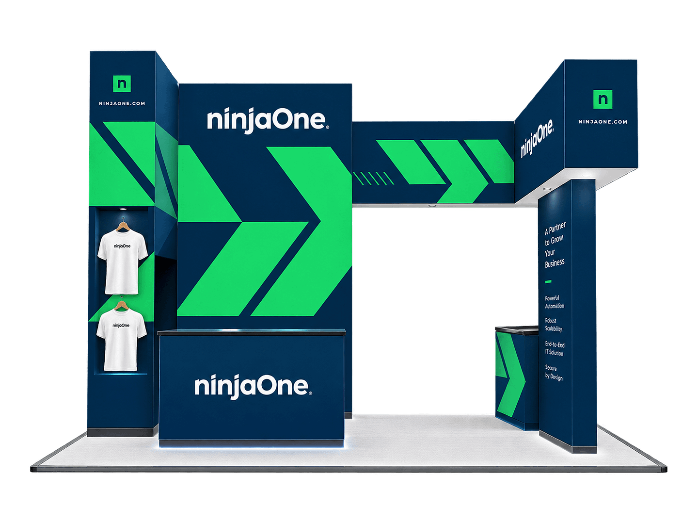 Graphic of what a NinjaOne booth could look like at conventions. | Navy and green brand colors with NinjaOne logo