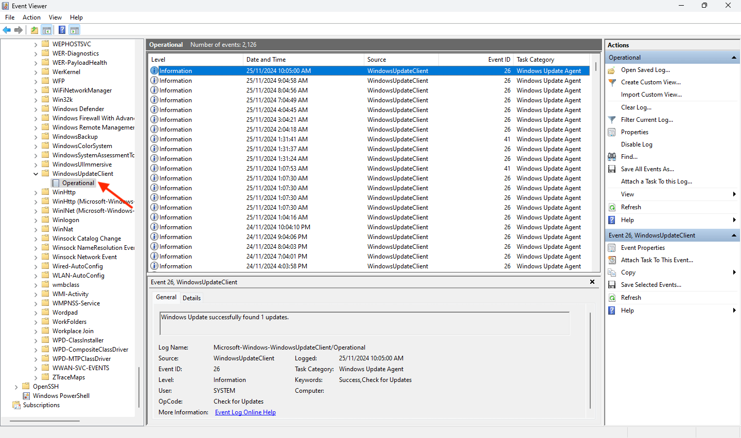 Click on Operational to view the Windows Update events in the log
