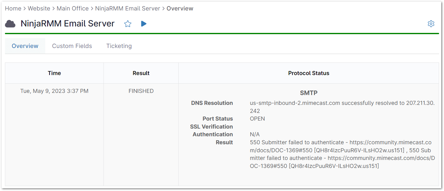 View Time, Result, and Protocol Status data points