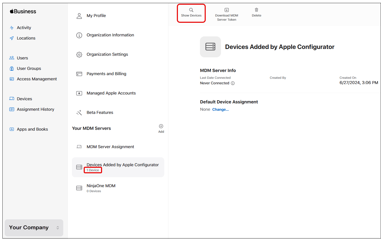 Show Devices option on the Apple Business dashboard