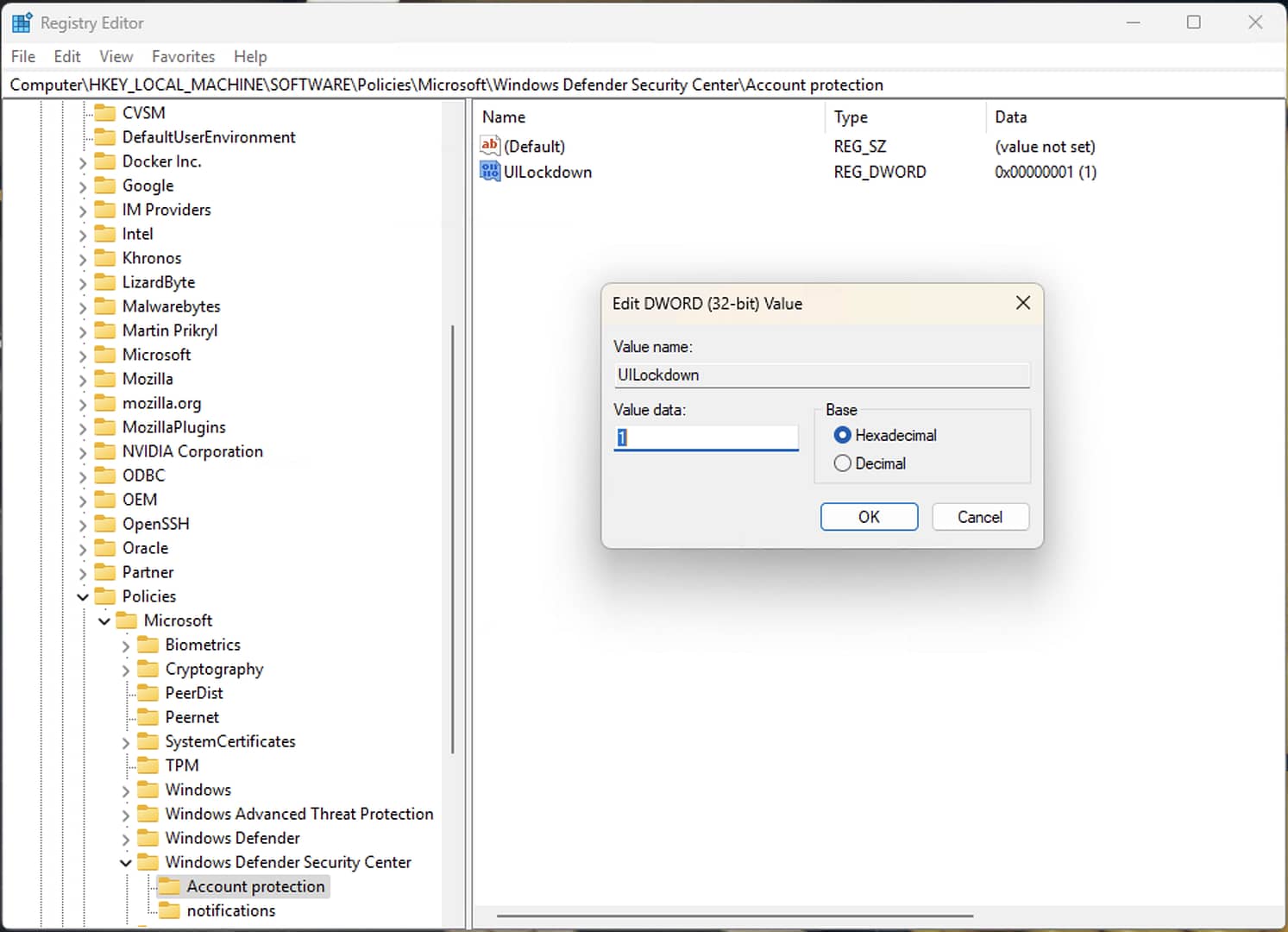 Edit DWORD (32-bit) Value dialog box