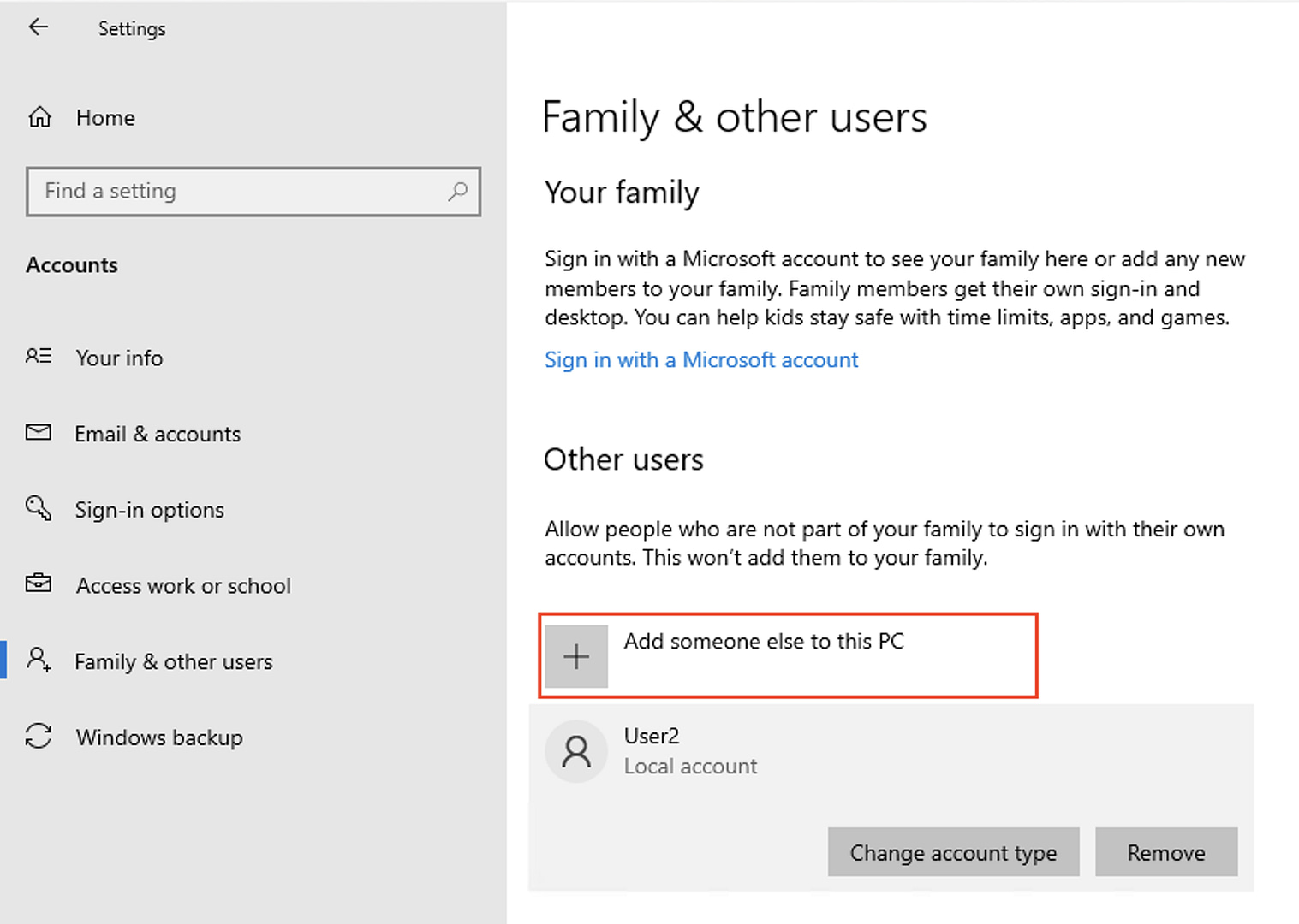 Family and other users dialog box