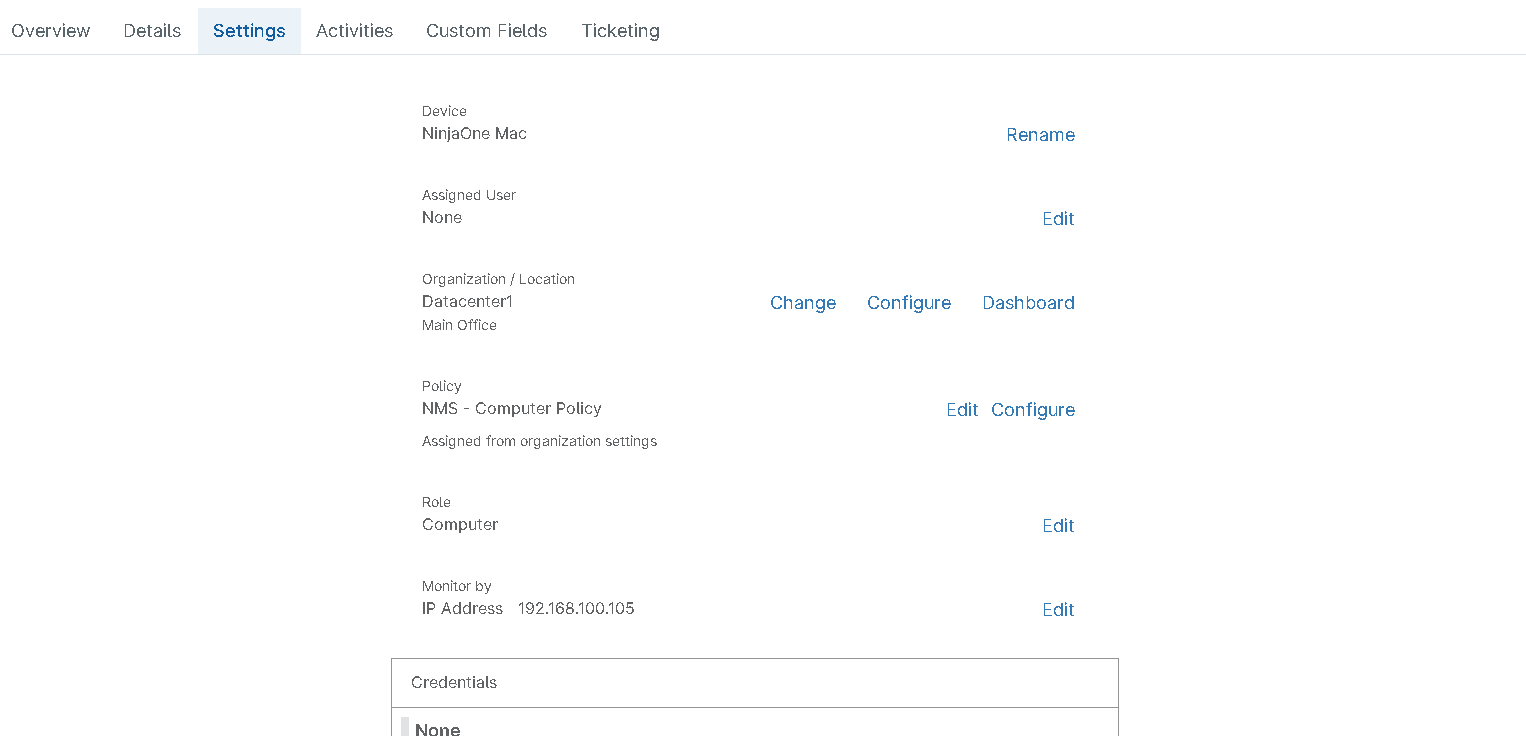 The Settings tab displays the device name, assigned user, organization, and policy assignments. 