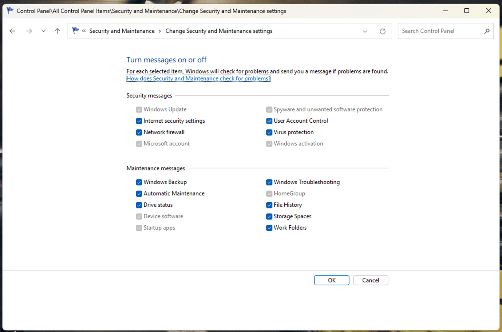 Control panel dialog box