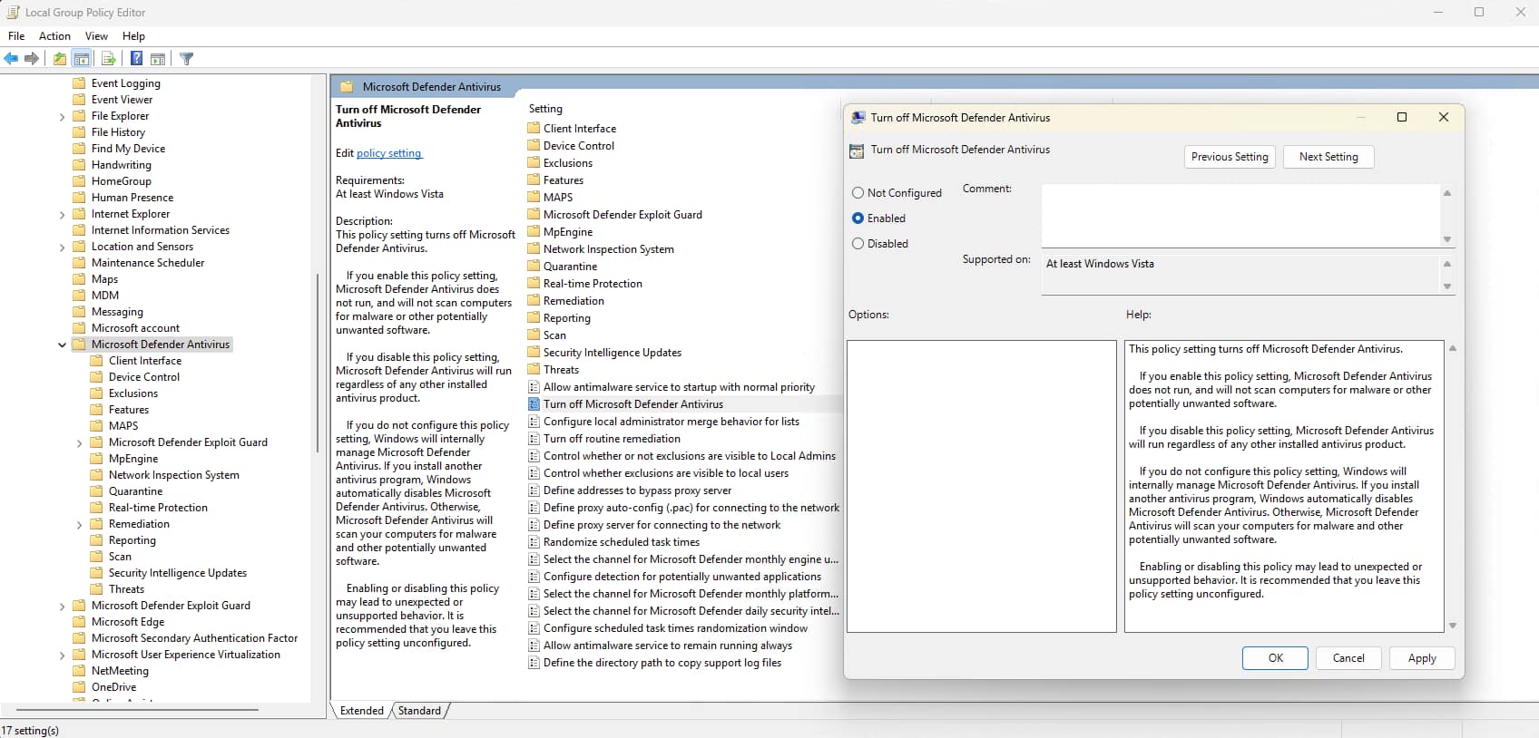 Turn off Microsoft Defender Antivirus option