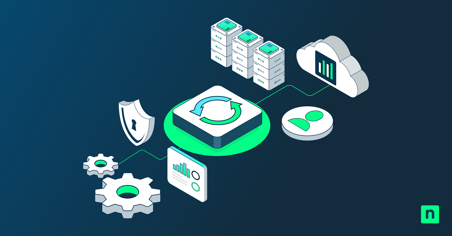 Automation workflow illustration with sync arrows, cloud storage, servers, analytics, and security icons