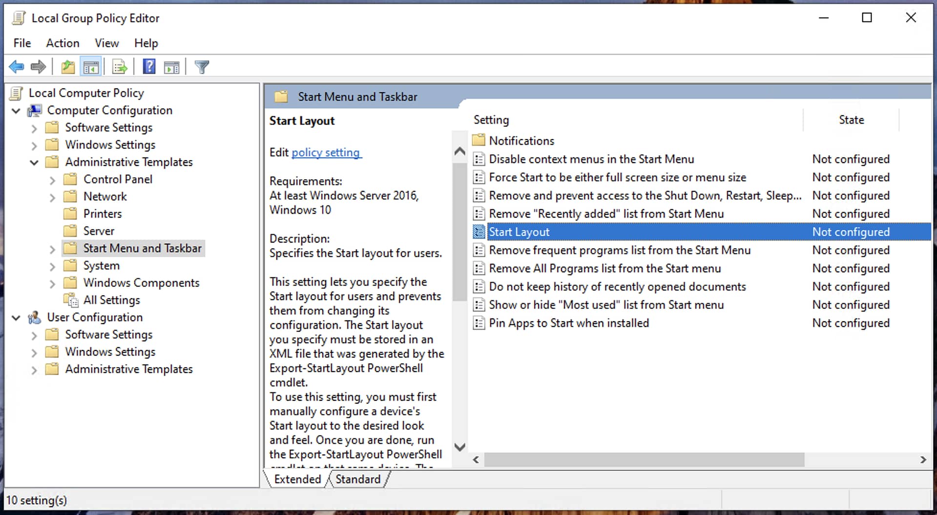 Local group policy editor dialog box