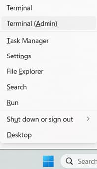 Press Win + X and select Terminal (Admin)