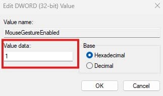 Set the value data inside MouseGestureEnabled, 1 to enable