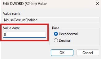 Set the value data inside MouseGestureEnabled, 0 to disable