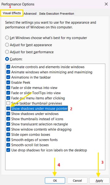 Performance Options check or uncheck Show shadows under mouse pointer