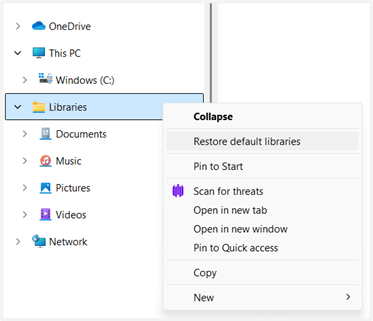Right Click on Libraries and select show more options then click restore default libraries