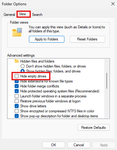 Hide empty drives checkbox from Folder Options