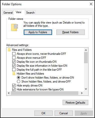 Options for hidden files and folders