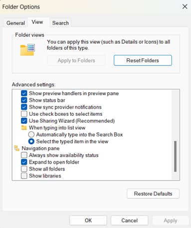 Folder Options window