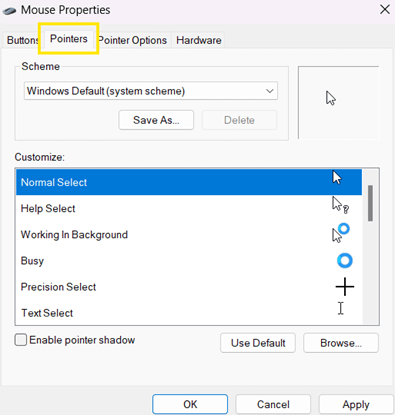 Mouse Properties clilck on Pointers Tab
