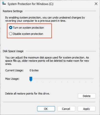 Restore settings