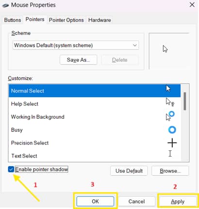 On pointers tab select or deselect Enable pointer show and click apply or ok