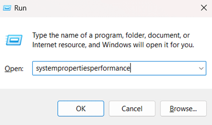 Run Dialog Box and type SystemPropertiesPerformance