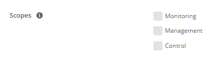 Scopes: Scopes all access to all Public API Resources of a certain type: Monitoring, Management, Control. Check the checkbox next to the type to allow that type. 