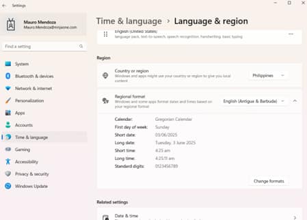 Modify Regional format, click Change formats