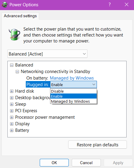 Power Options Advanced Settings window