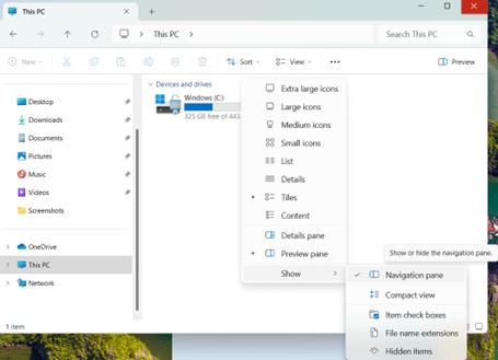 Navigating to Navigation pane option