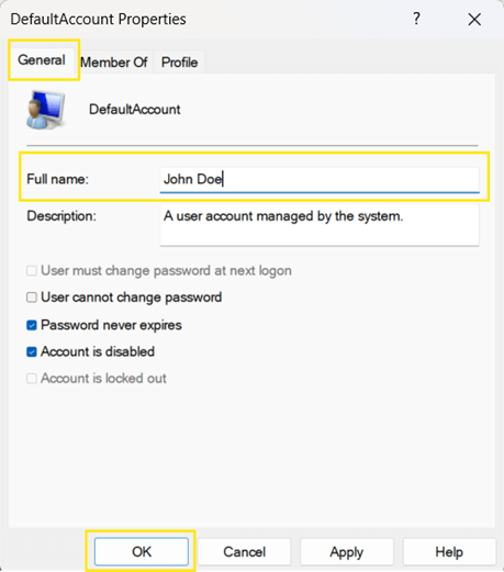 DefaultAccount Properties Window in General Tab input the name you want and click ok