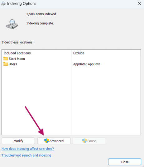 Advanced Indexing Options