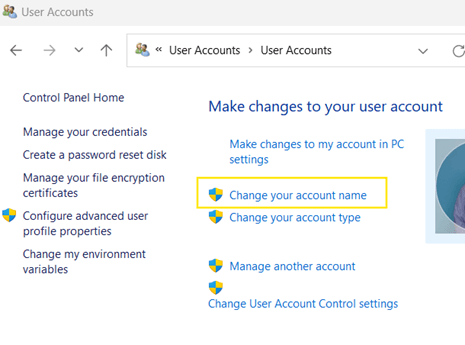 User Accounts window selecte "Change your account name"