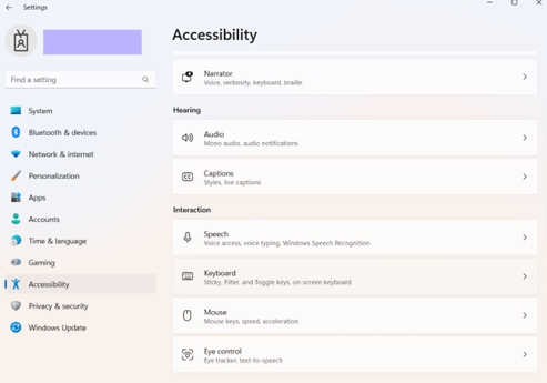 Keyboard accessibility in Settings window