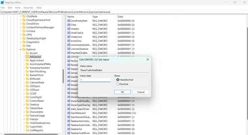 Editor del Registro di sistema-Cercare e fare doppio clic su ShowTasVIewButton