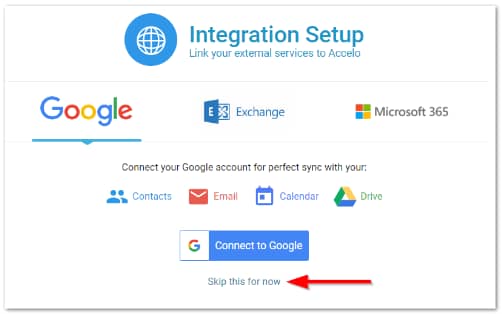 Choose to link your external services to Accelo or skip the integration setup for the page "How to Connect Accelo with NinjaOne"