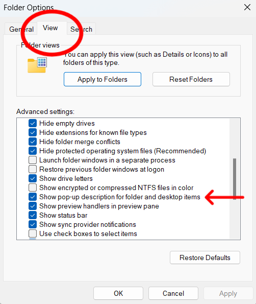 Check the box to enable pop-up descriptions, or clear it to disable them.