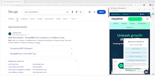 NinjaOne website has been opened in the sidebar