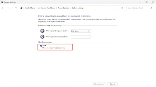 Lock under Shutdown Settings