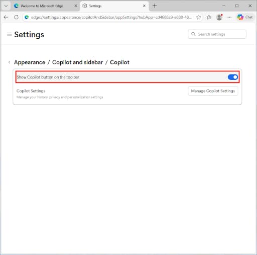 Show Copilot button on the toolbar setting