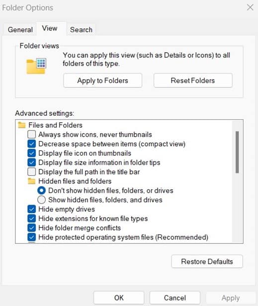 Folder Options advanced settings