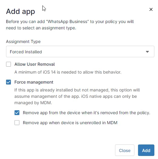 If the selection was Force Installed, fill out the remaining fields