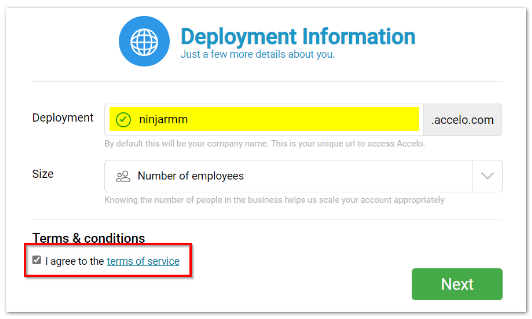 Select the Terms & Conditions box for the page "How to Connect Accelo with NinjaOne"